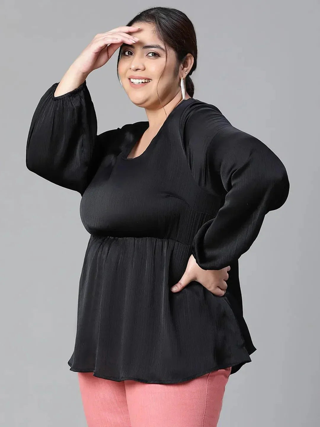 Polished Black V-neck Long Sleeve Plus Size Women Satin Loopy Top - oxolloxo