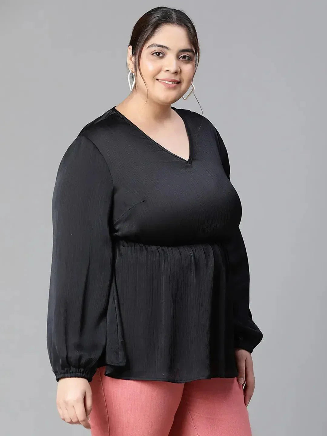Polished Black V-neck Long Sleeve Plus Size Women Satin Loopy Top - oxolloxo