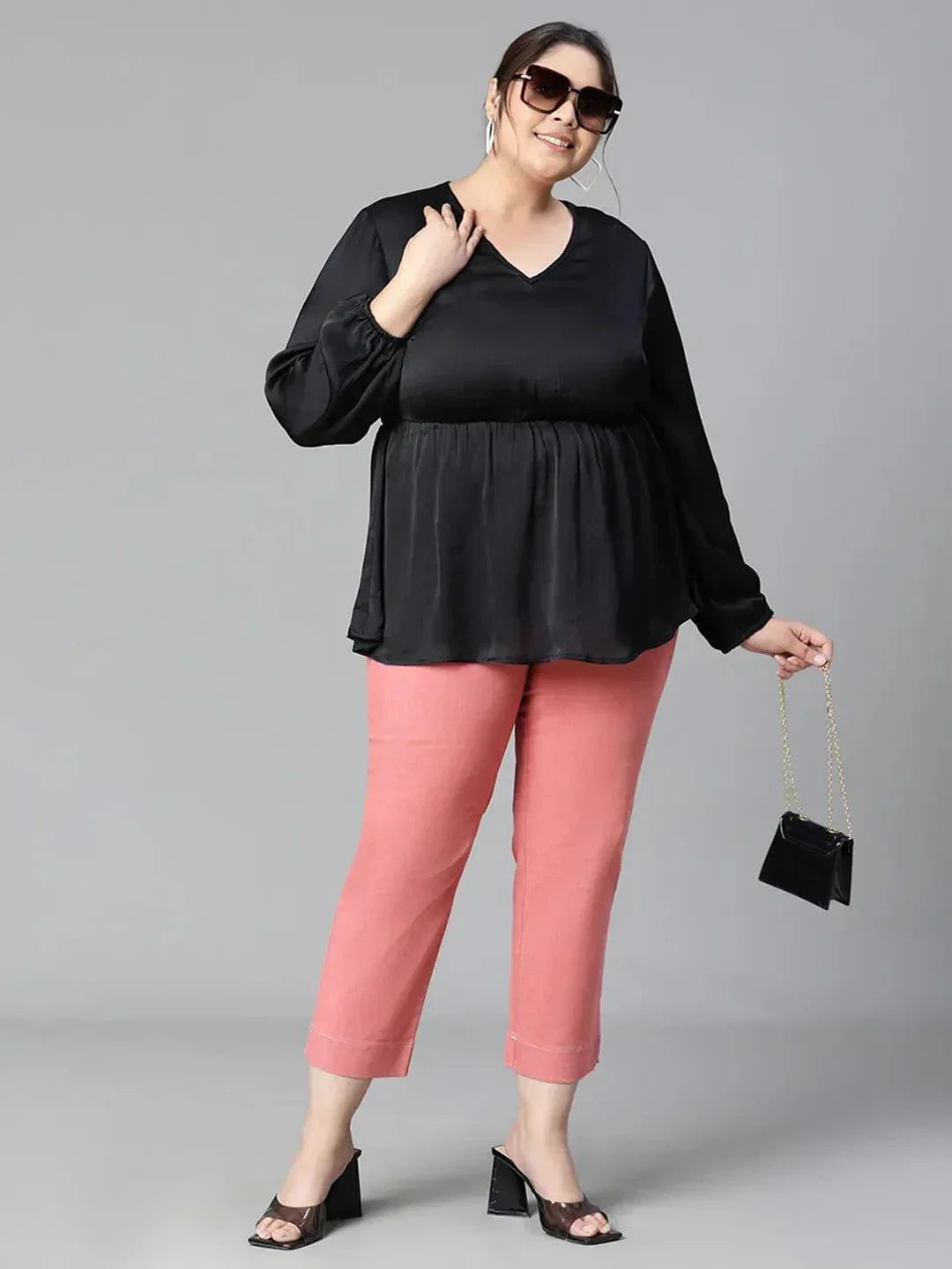 Polished Black V-neck Long Sleeve Plus Size Women Satin Loopy Top - oxolloxo