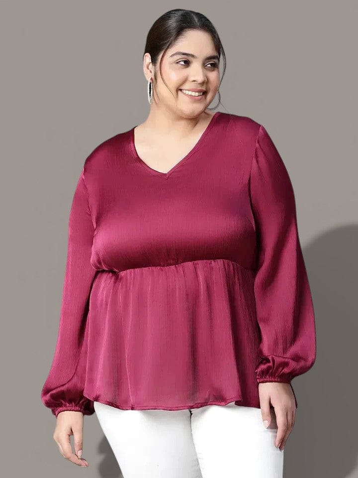 Plus size wine satin V-neck long sleeve peplum top