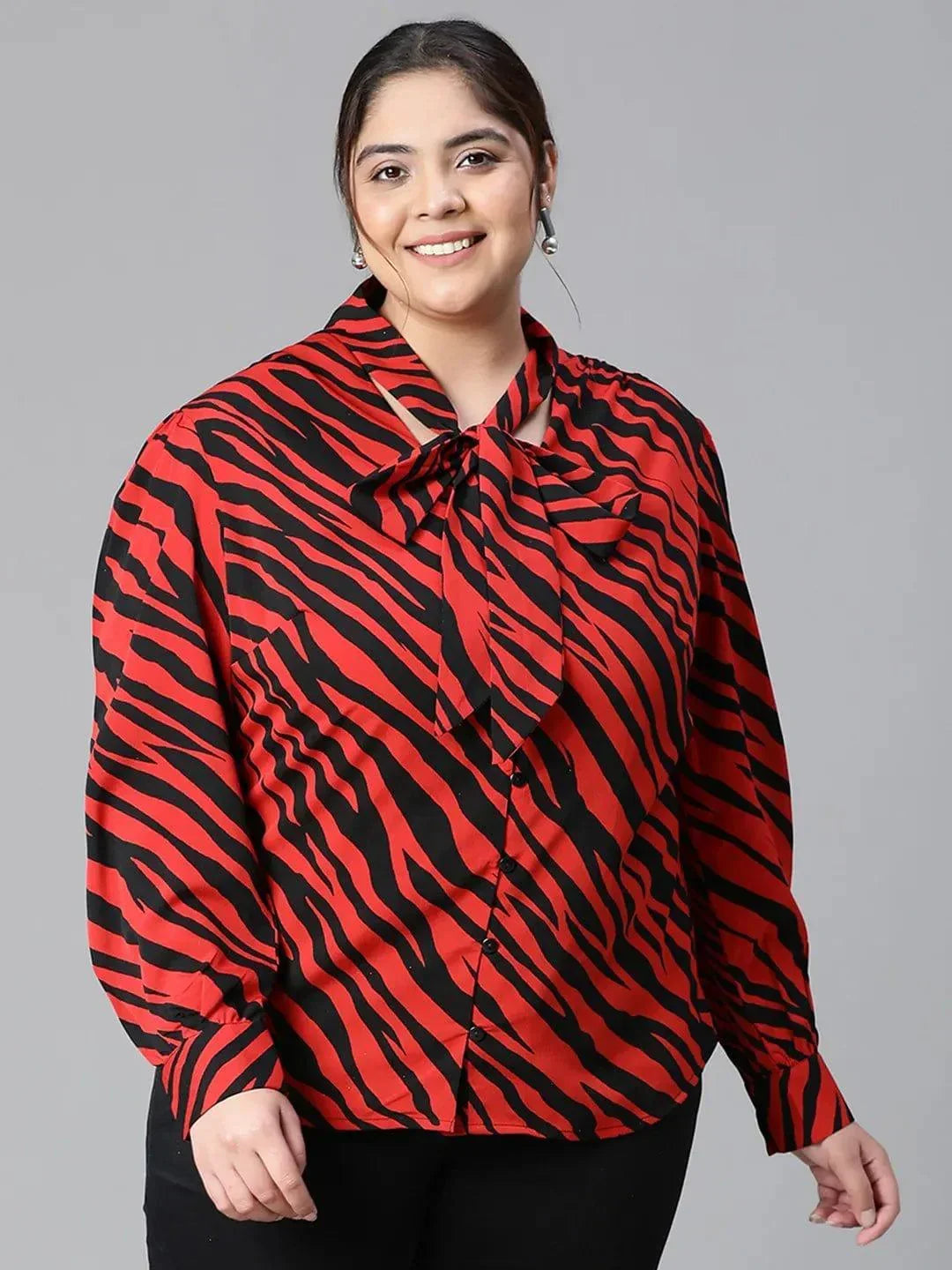Regal Red Animal Print Tie-knot Style Long Sleeve Plus Size Women Loopy Top - oxolloxo