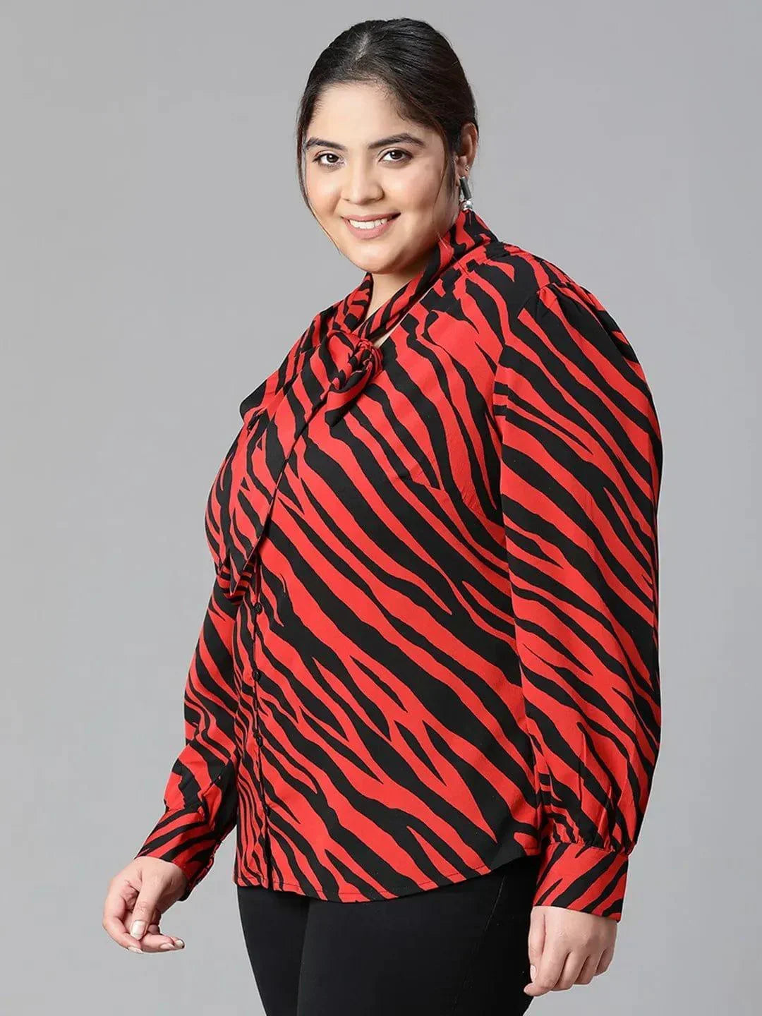 Regal Red Animal Print Tie-knot Style Long Sleeve Plus Size Women Loopy Top - oxolloxo