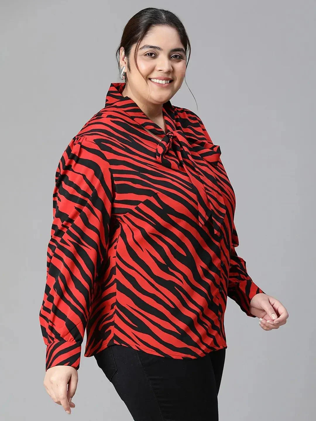 Regal Red Animal Print Tie-knot Style Long Sleeve Plus Size Women Loopy Top - oxolloxo