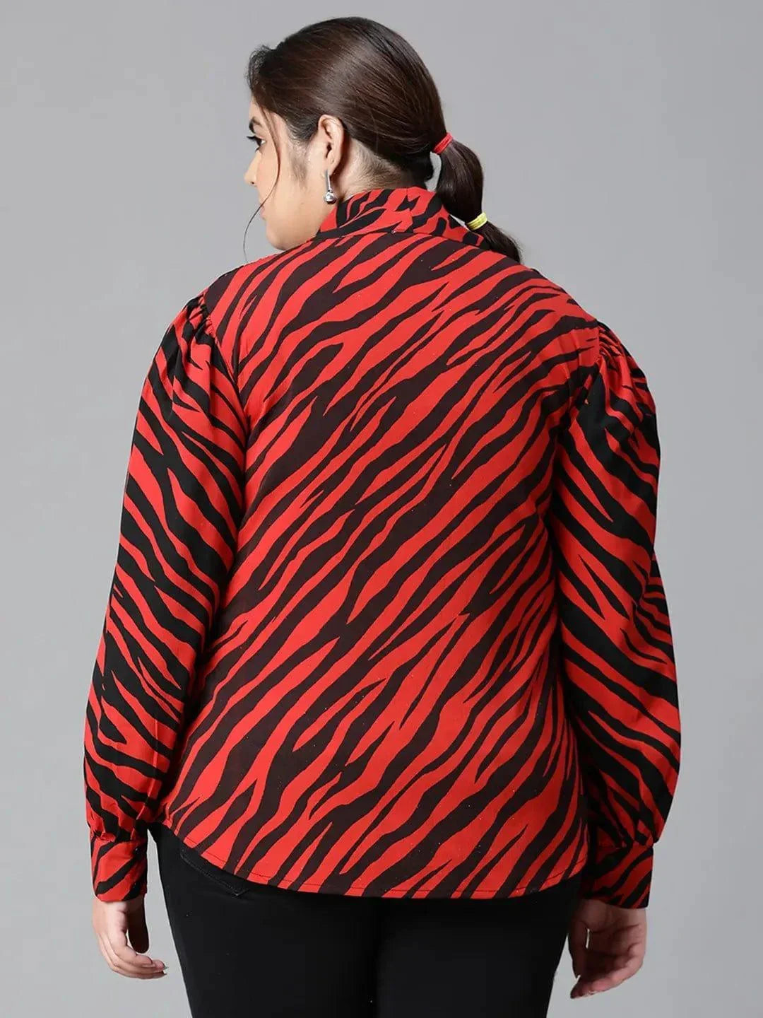 Regal Red Animal Print Tie-knot Style Long Sleeve Plus Size Women Loopy Top - oxolloxo