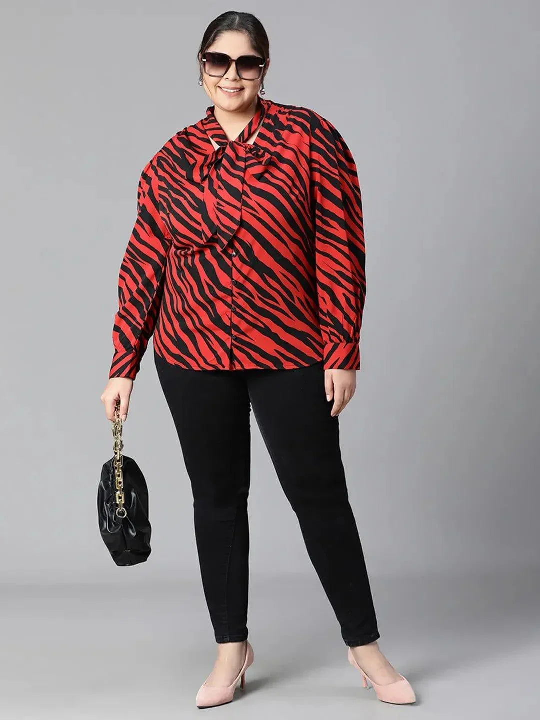 Regal Red Animal Print Tie-knot Style Long Sleeve Plus Size Women Loopy Top - oxolloxo