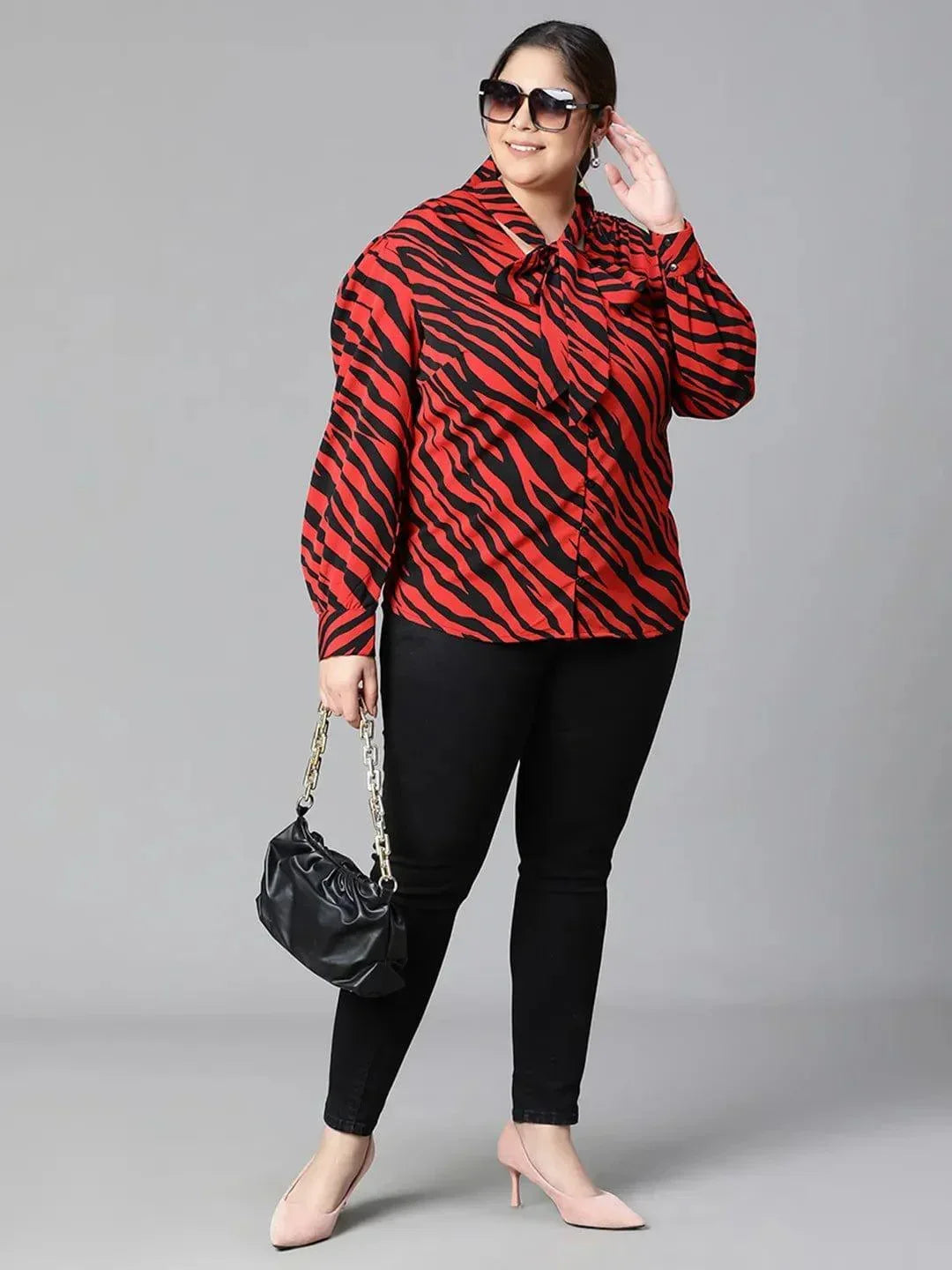 Regal Red Animal Print Tie-knot Style Long Sleeve Plus Size Women Loopy Top - oxolloxo