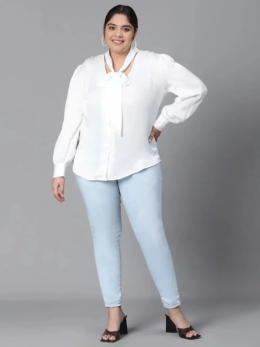 Glowing White Tie-knot Style Long Sleeve Plus Size Women Loopy Top - oxolloxo