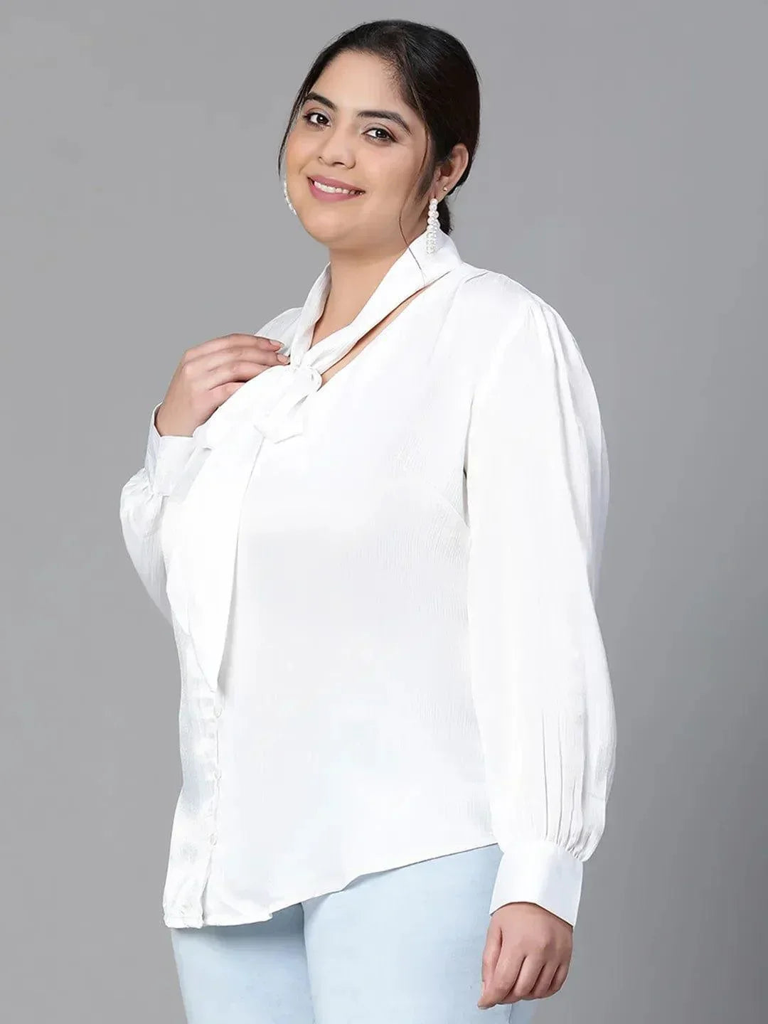 Glowing White Tie-knot Style Long Sleeve Plus Size Women Loopy Top - oxolloxo