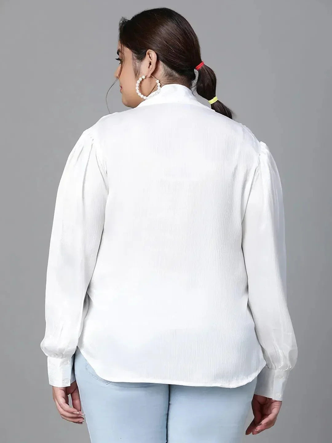 Glowing White Tie-knot Style Long Sleeve Plus Size Women Loopy Top - oxolloxo
