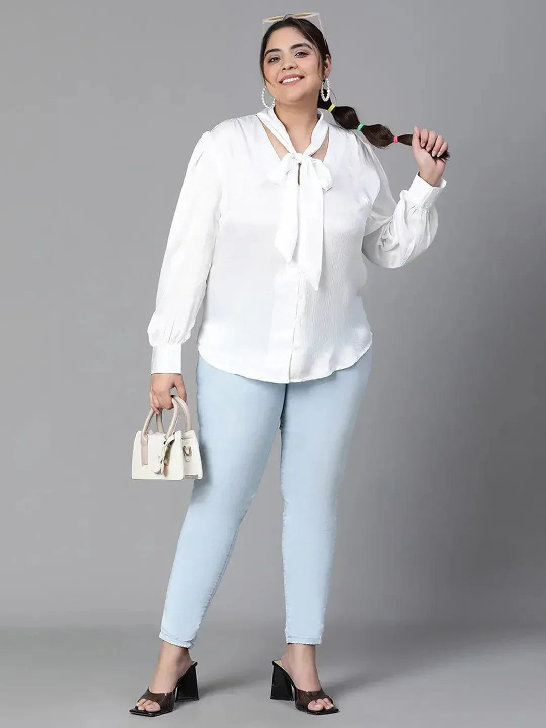 Glowing White Tie-knot Style Long Sleeve Plus Size Women Loopy Top - oxolloxo