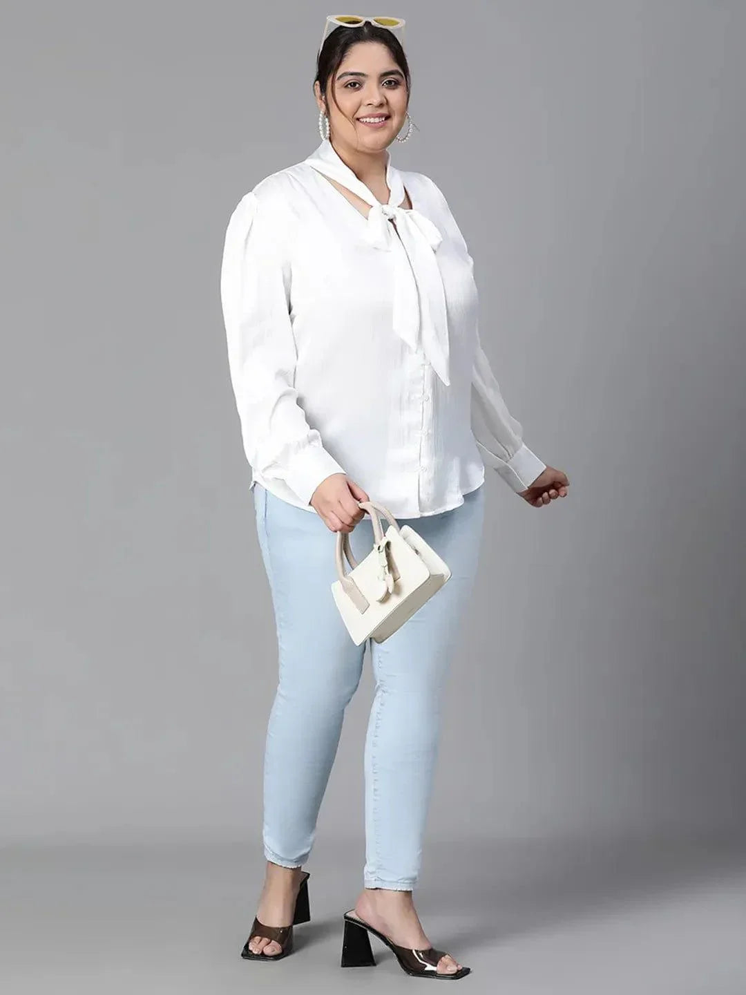 Glowing White Tie-knot Style Long Sleeve Plus Size Women Loopy Top - oxolloxo