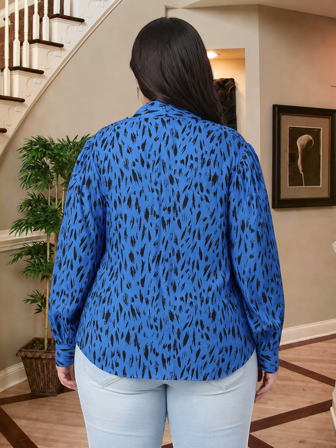 Plus Size Blue Animal Print Viscose Top