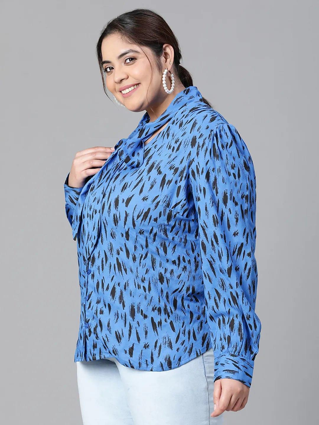 Admired blue animal print tie-knot style long sleeve plus size women Loopy Top - oxolloxo