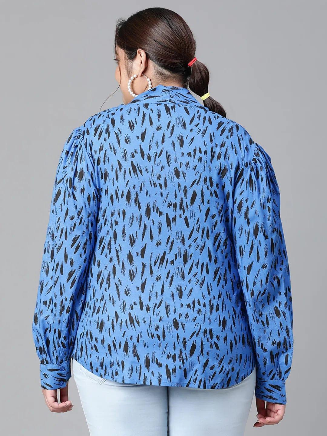 Admired blue animal print tie-knot style long sleeve plus size women Loopy Top - oxolloxo