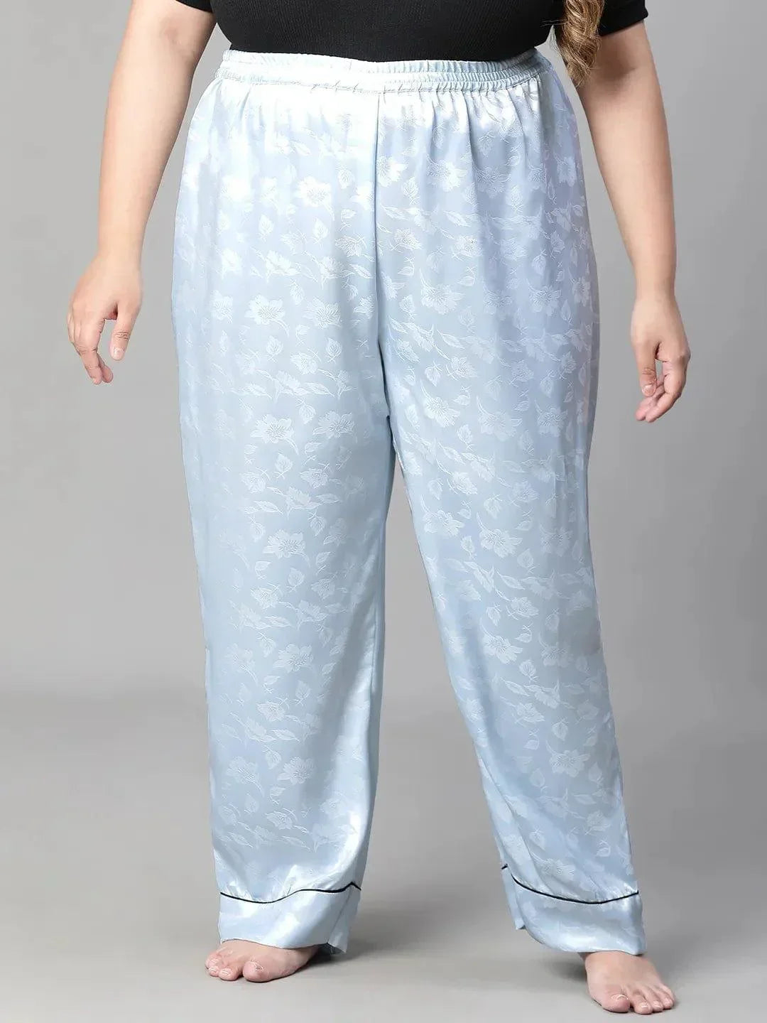 Soothing Blue Satin Jacquard Elasticated Plus Size Women Nightwear Pajama - oxolloxo