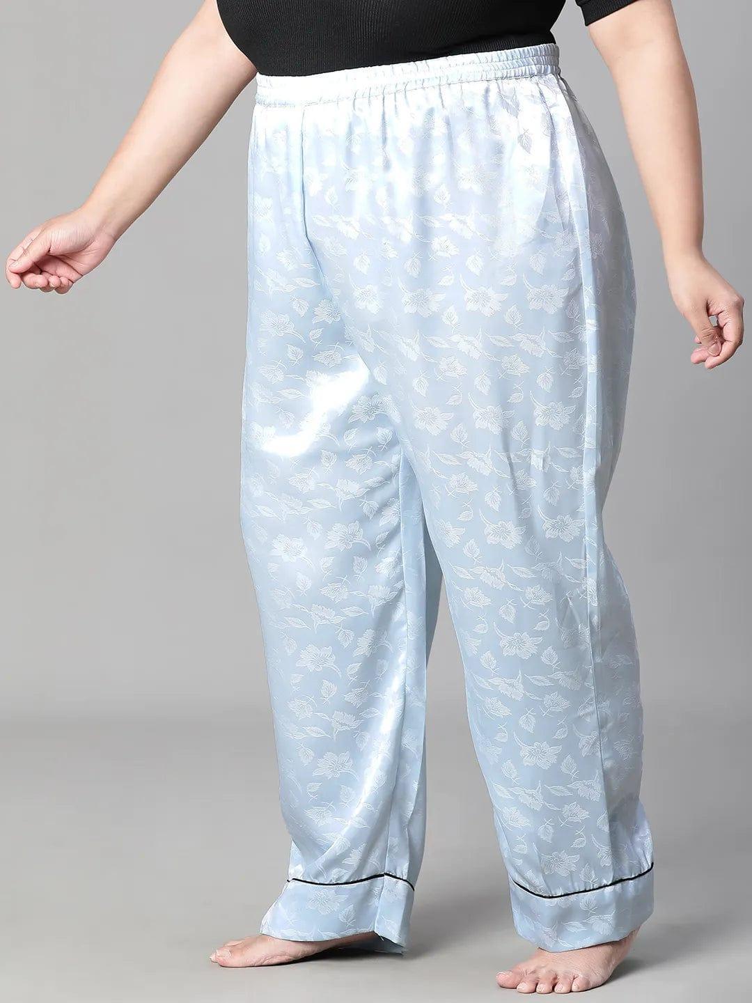 Soothing Blue Satin Jacquard Elasticated Plus Size Women Nightwear Pajama - oxolloxo