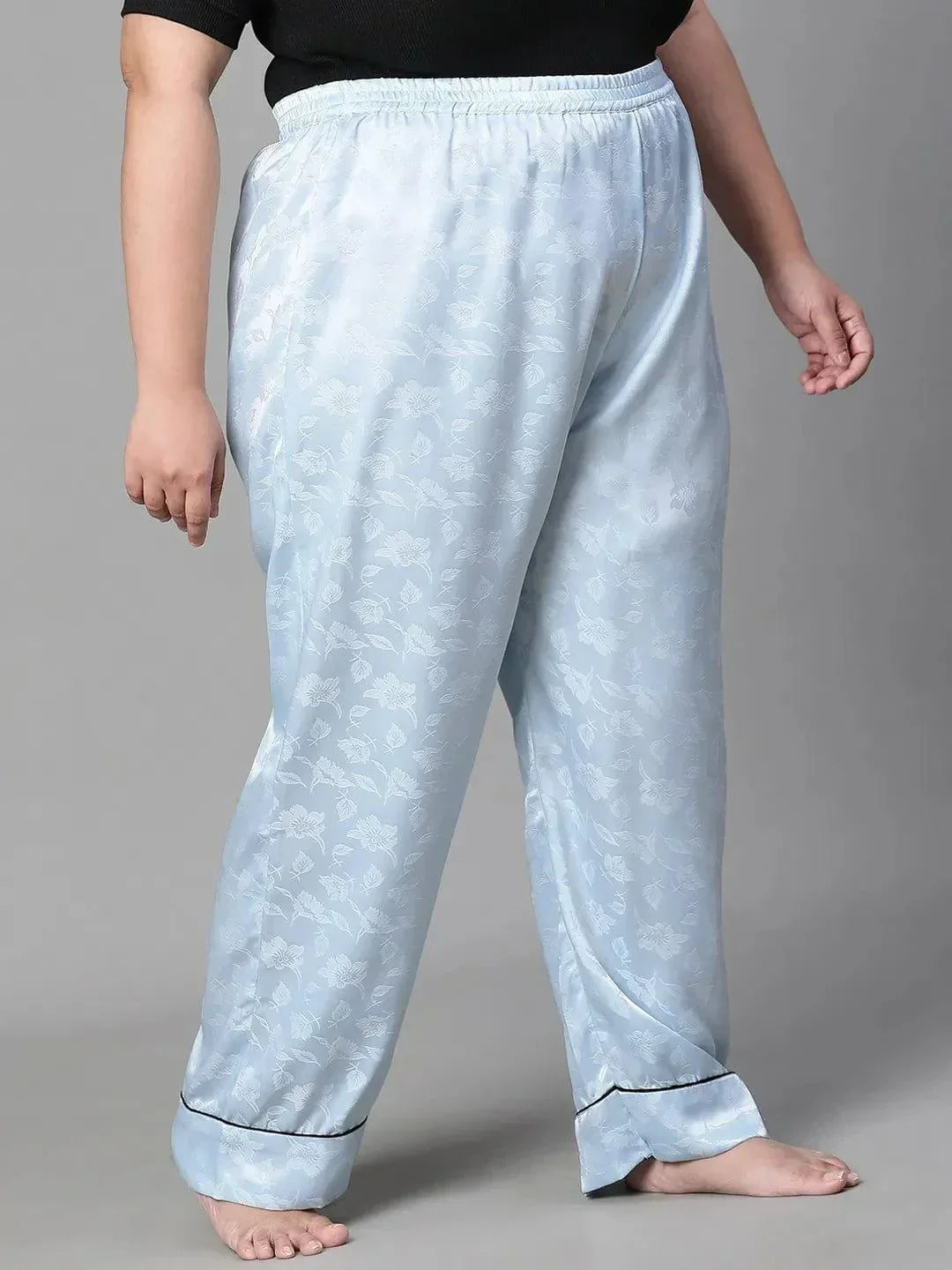 Soothing Blue Satin Jacquard Elasticated Plus Size Women Nightwear Pajama - oxolloxo