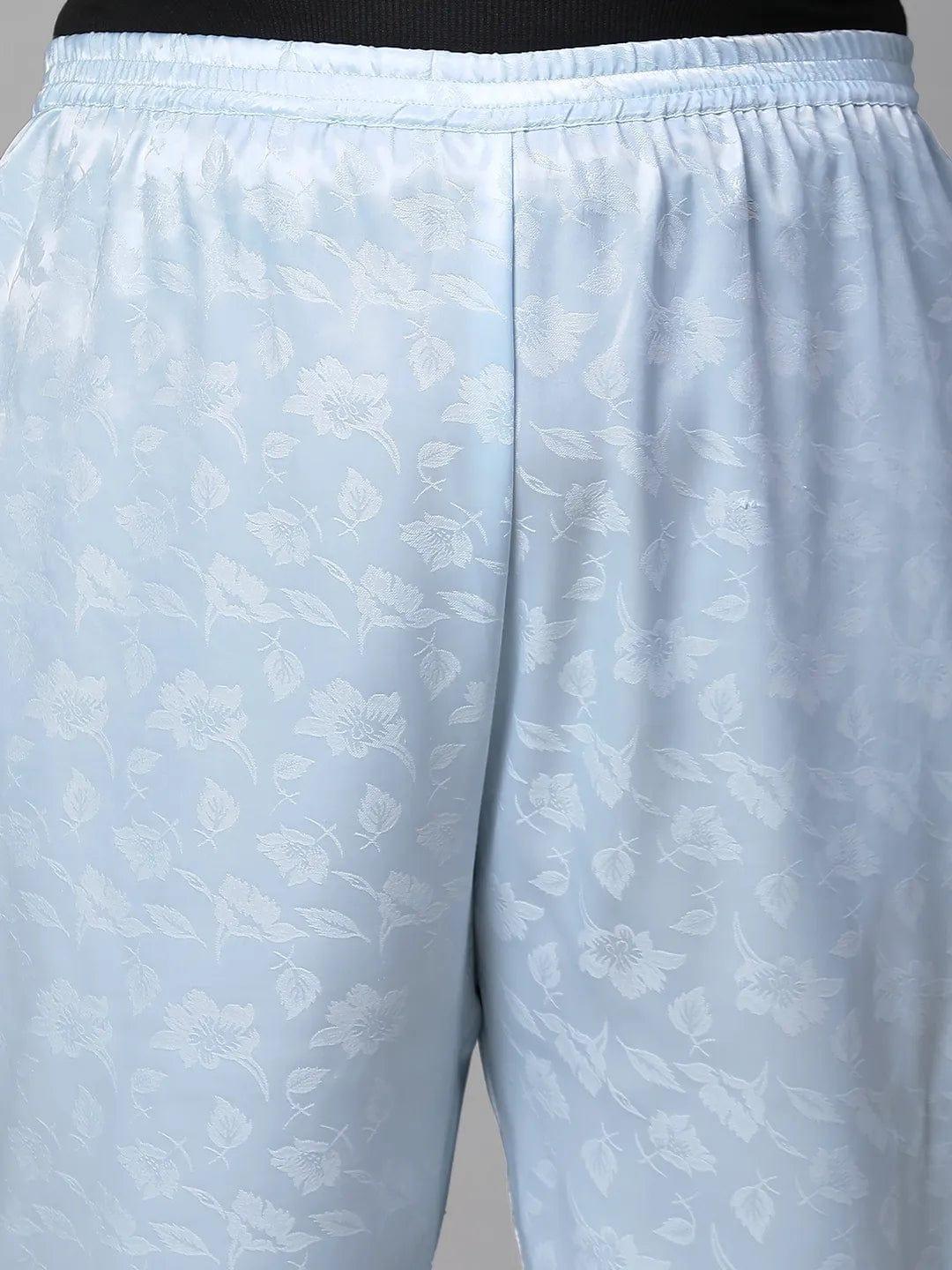 Soothing Blue Satin Jacquard Elasticated Plus Size Women Nightwear Pajama - oxolloxo