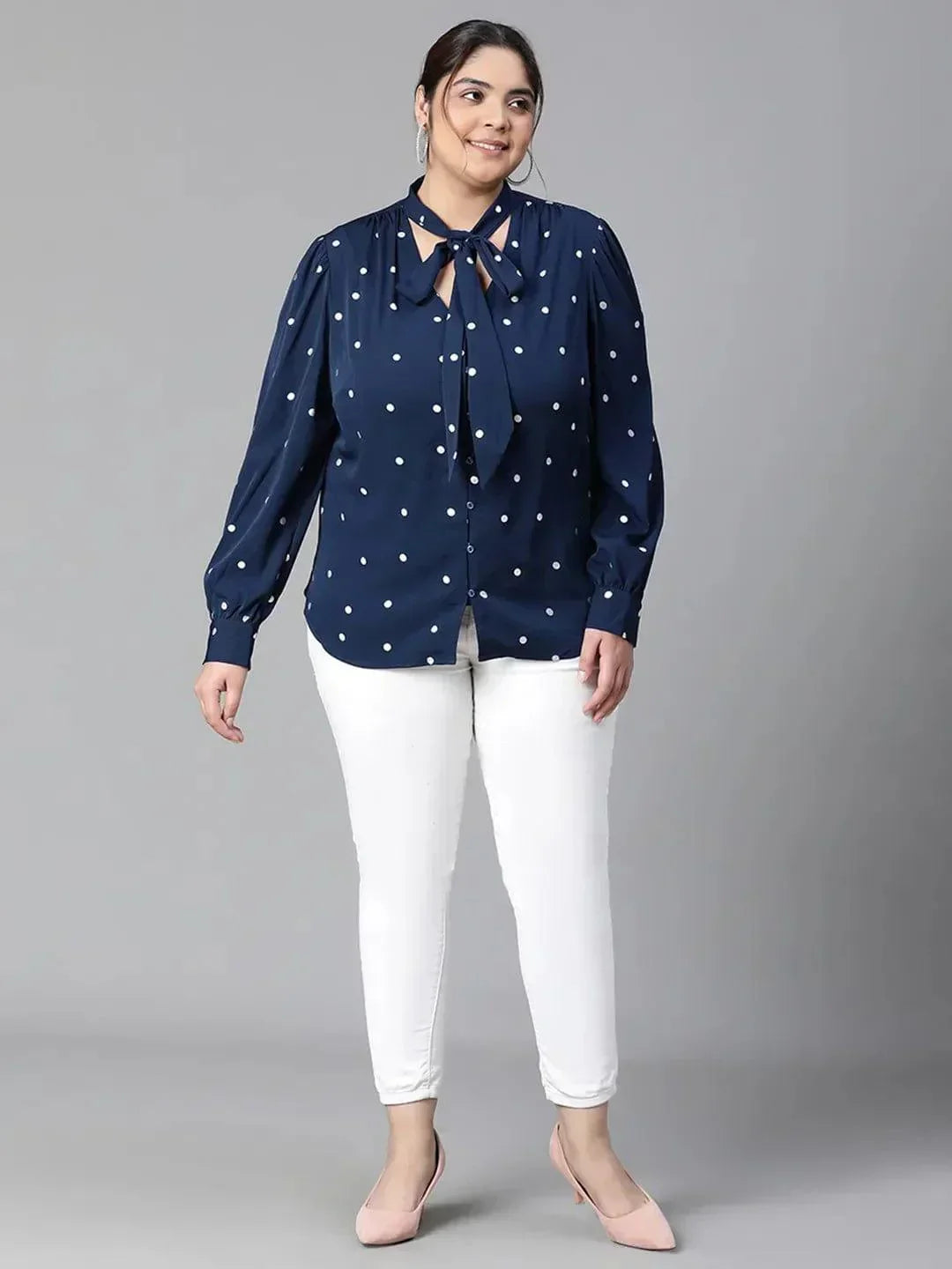 Navy Blue Tie Knot Style Foil Print Long Sleeve Loopy Top   oxolloxo