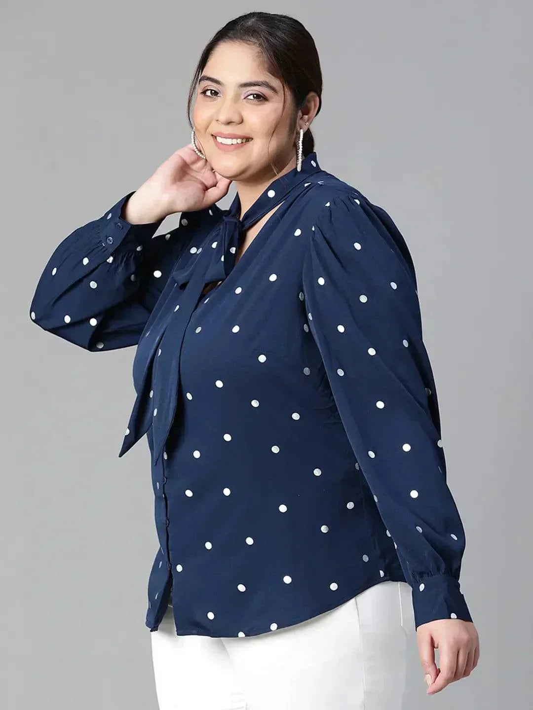 Navy Blue Tie Knot Style Foil Print Long Sleeve Loopy Top   oxolloxo