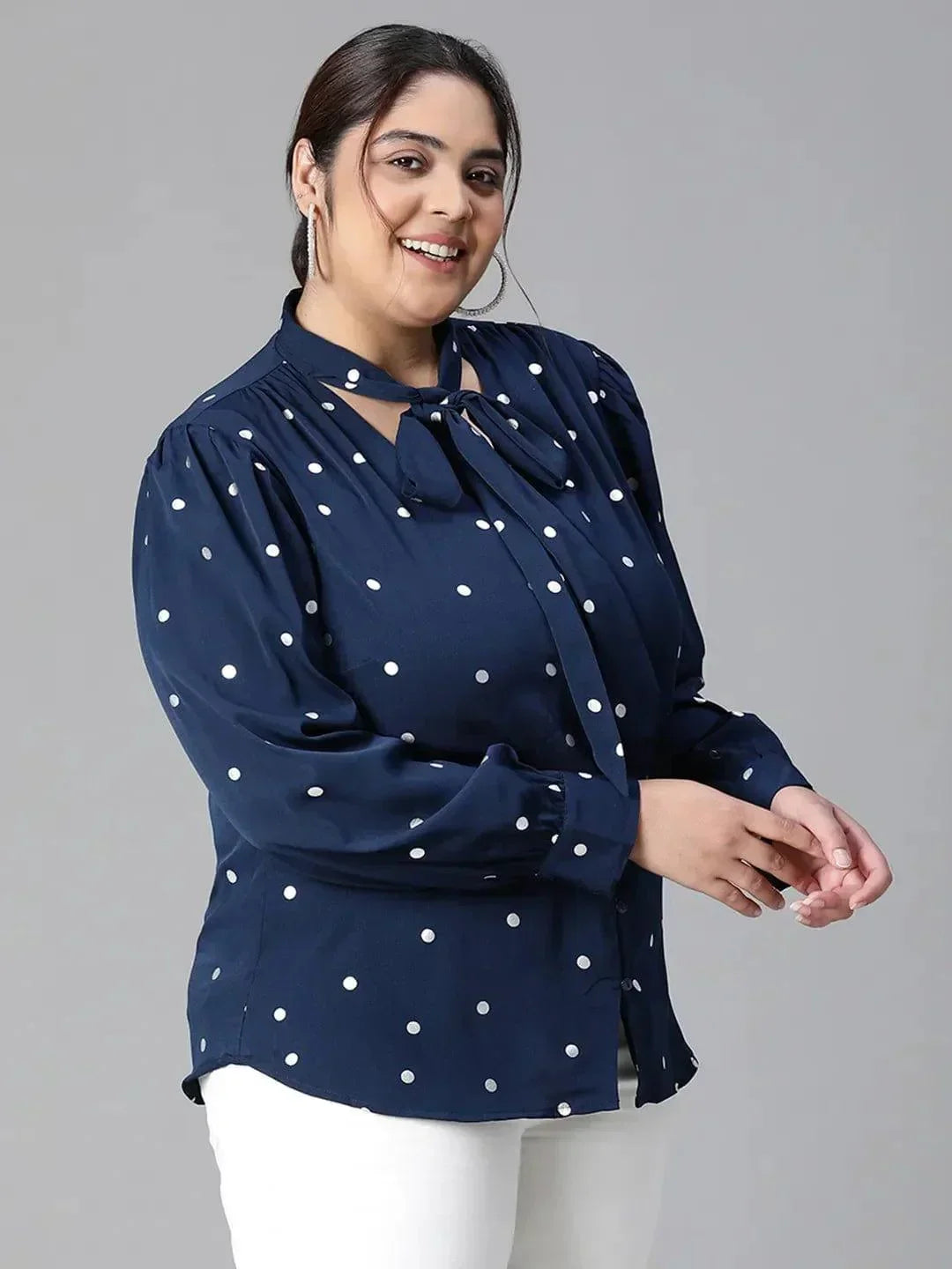 Navy Blue Tie Knot Style Foil Print Long Sleeve Loopy Top   oxolloxo