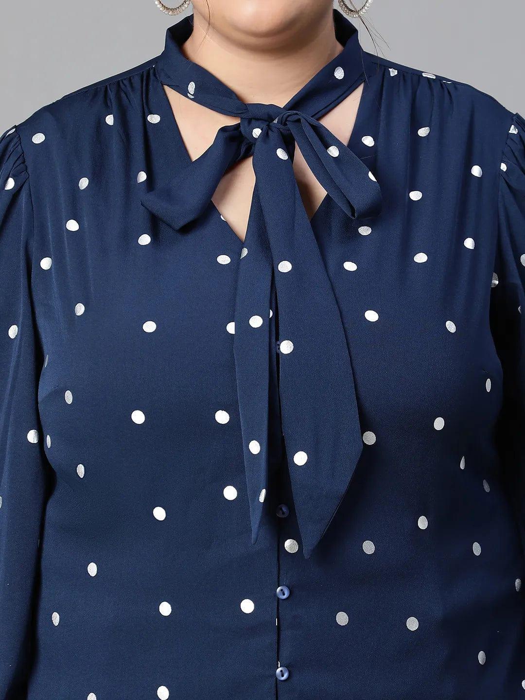 Navy Blue Tie Knot Style Foil Print Long Sleeve Loopy Top   oxolloxo
