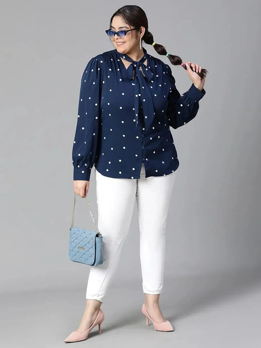 Navy Blue Tie Knot Style Foil Print Long Sleeve Loopy Top   oxolloxo