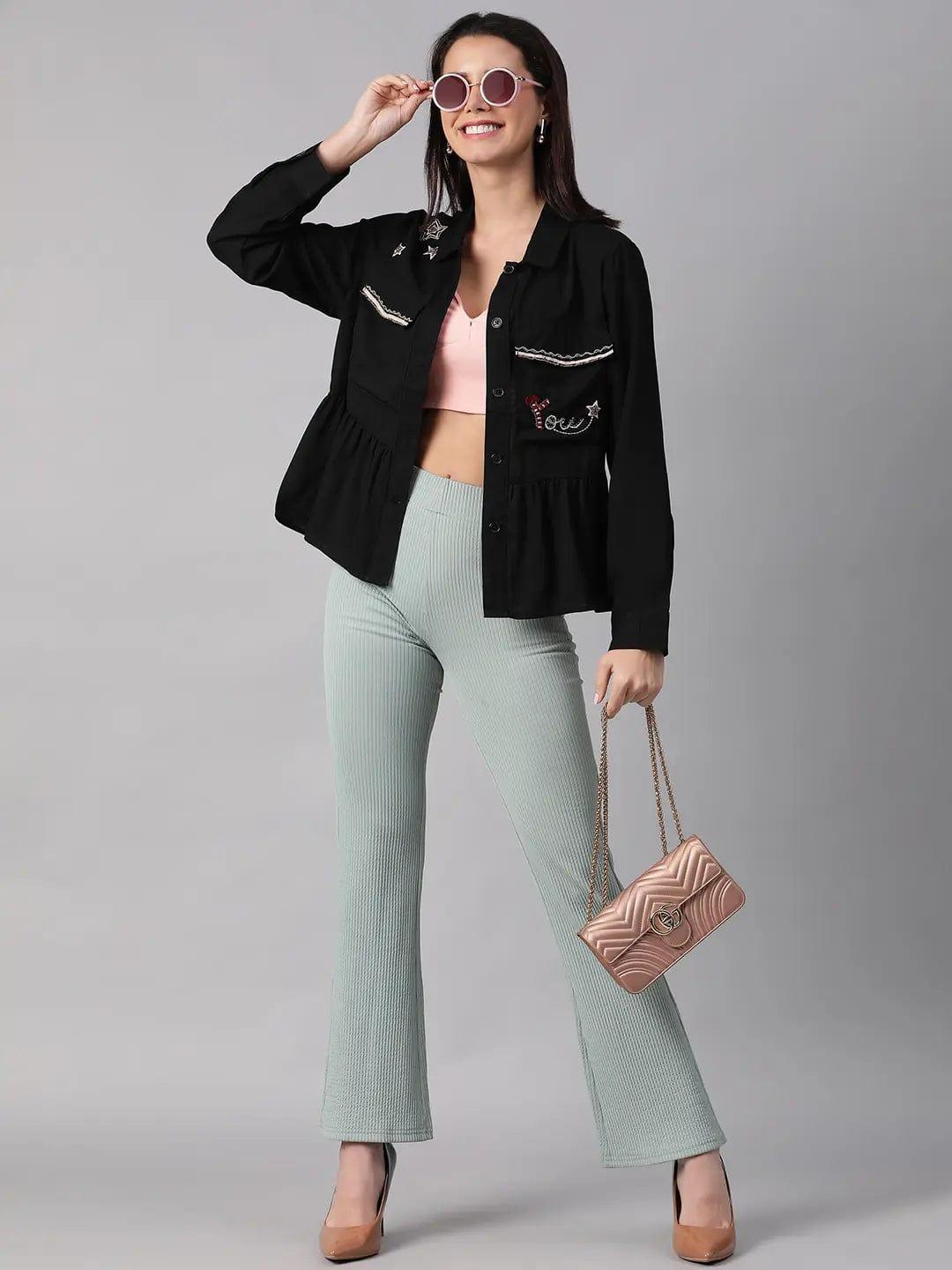 Women's Black Floral Cotton Jacket