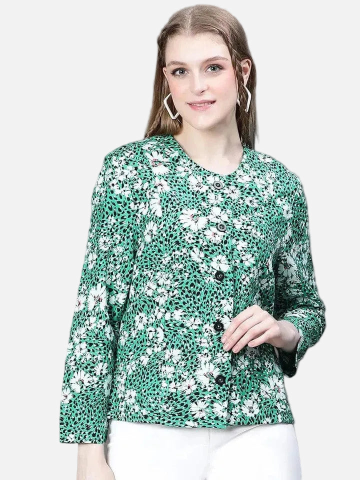 Multicolor Green Floral Cotton Bomber Jacket
