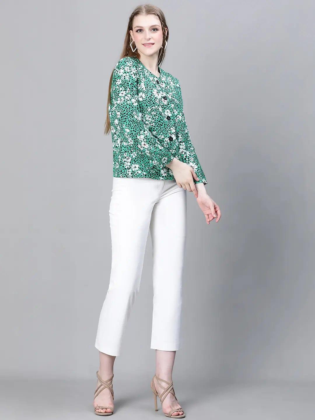 Multicolor Green Floral Cotton Bomber Jacket