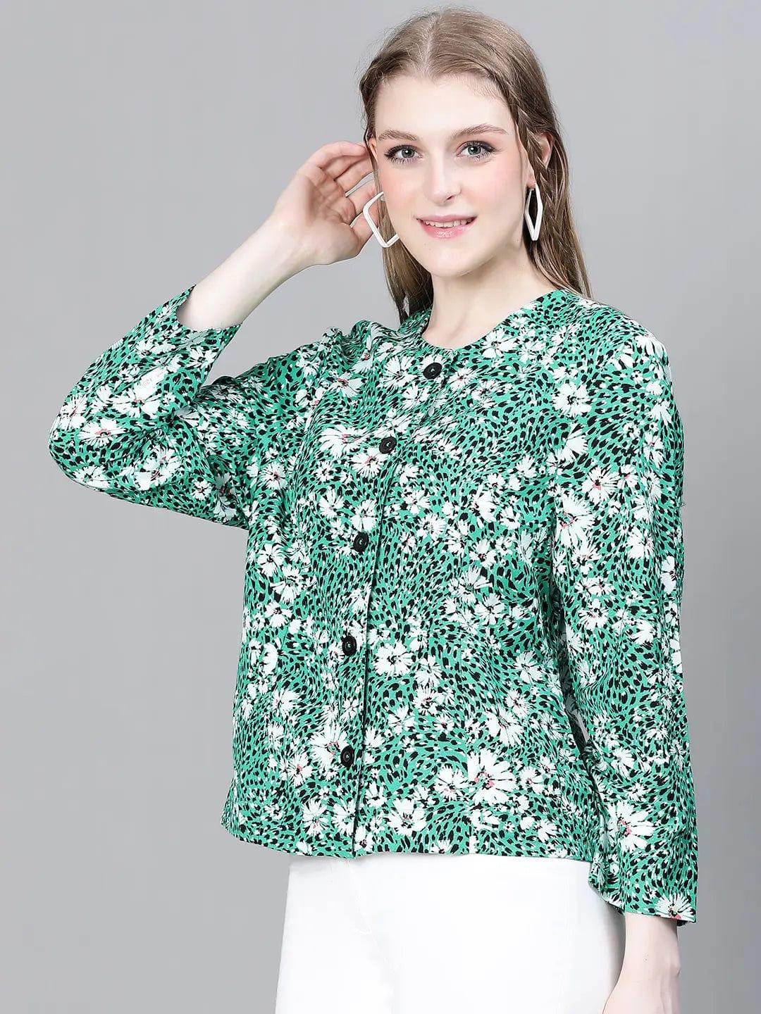 Multicolor Green Floral Cotton Bomber Jacket
