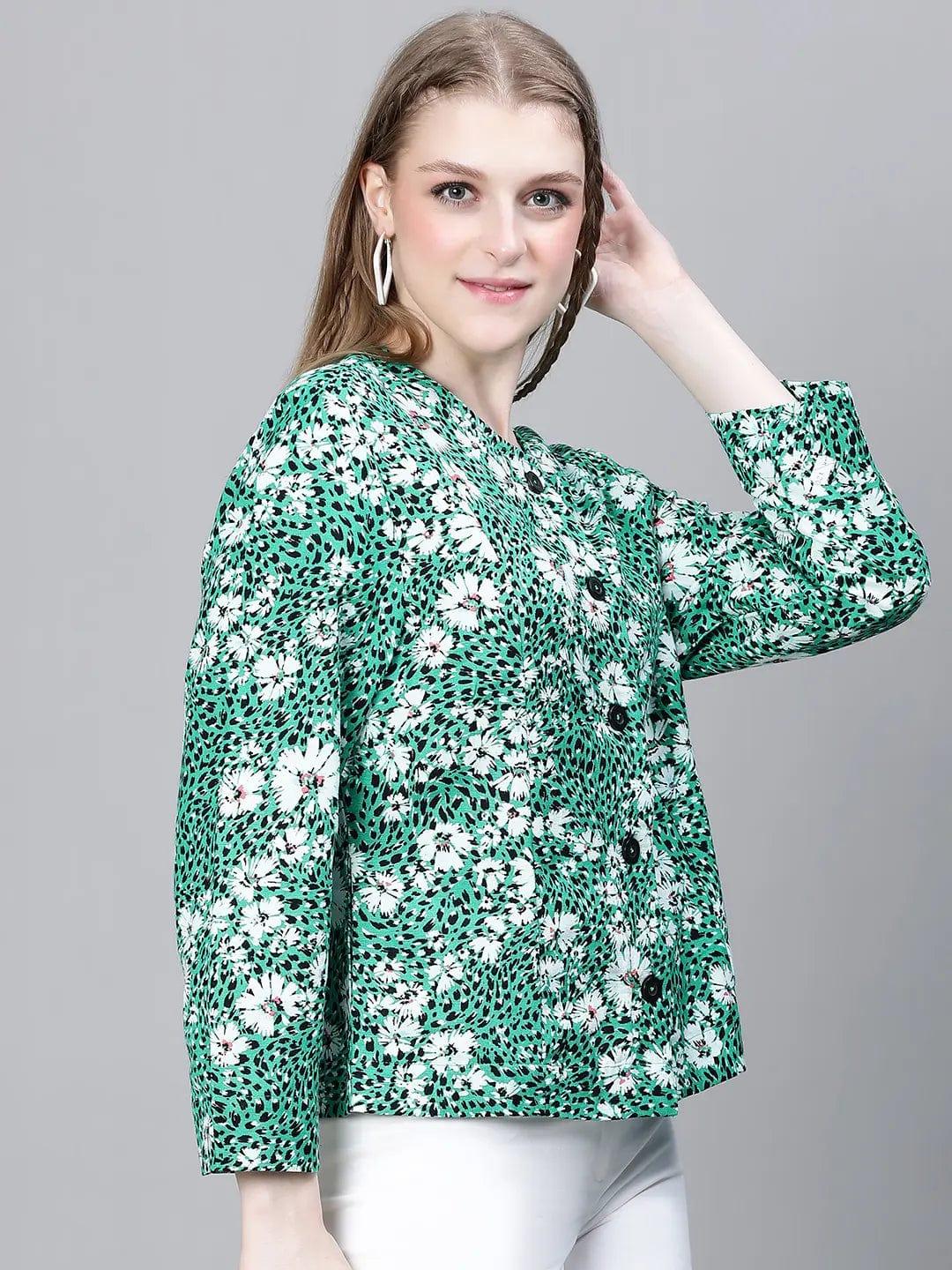 Multicolor Green Floral Cotton Bomber Jacket