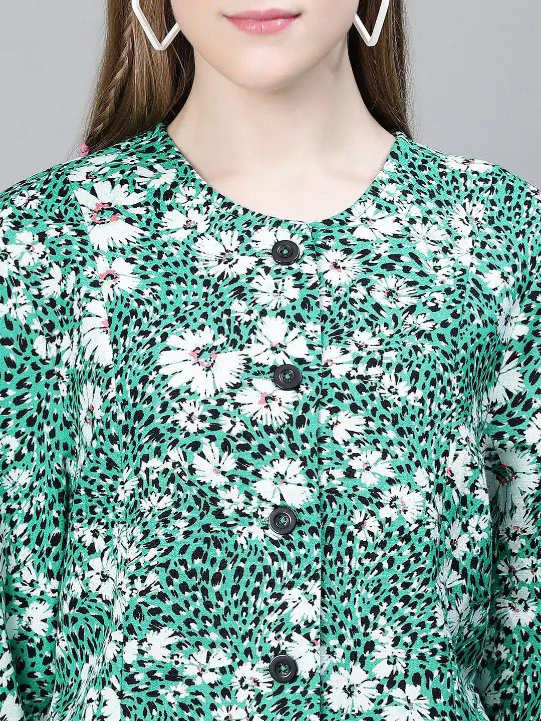 Multicolor Green Floral Cotton Bomber Jacket