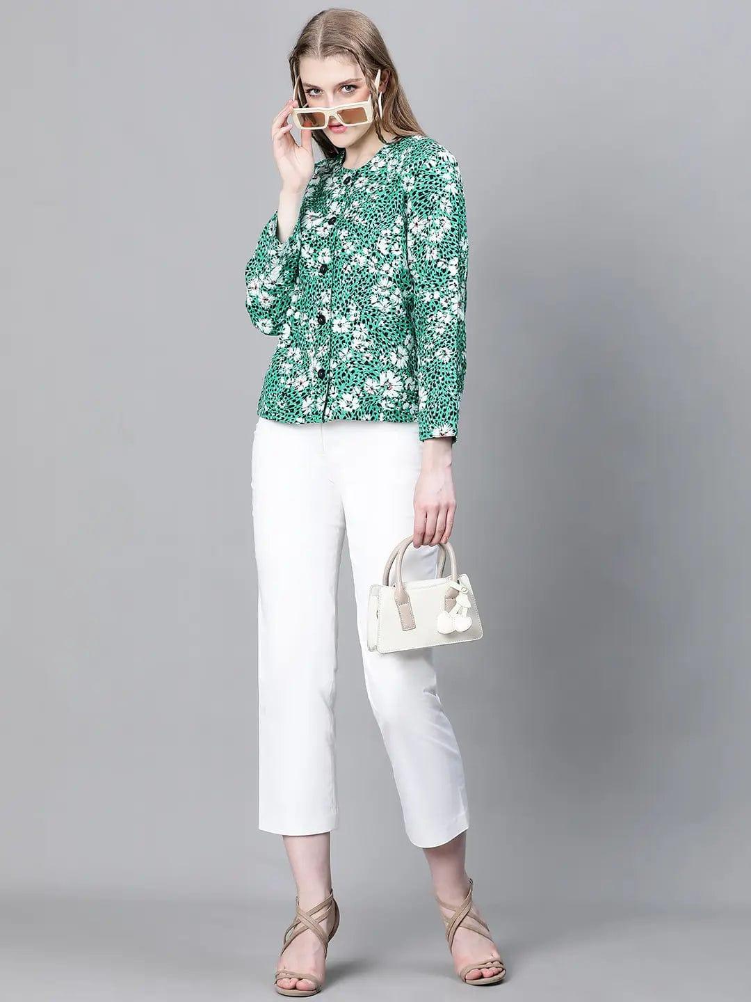 Multicolor Green Floral Cotton Bomber Jacket