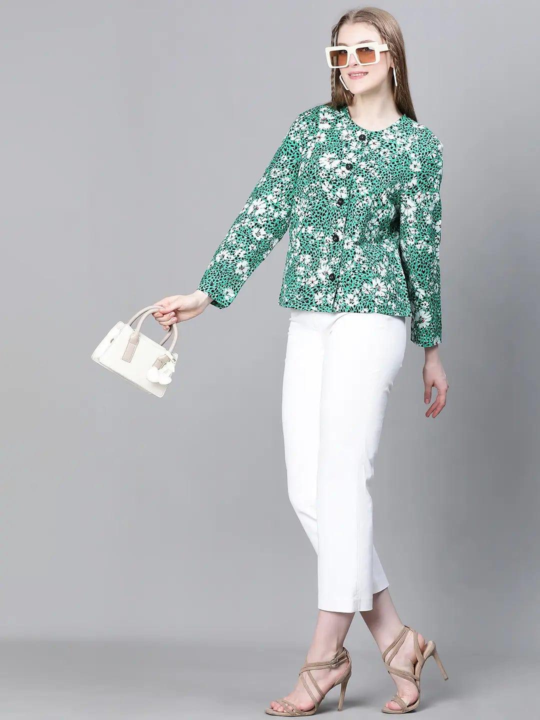 Multicolor Green Floral Cotton Bomber Jacket