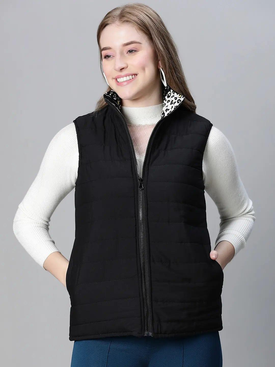 women-black-animal-print-zip-lined-sleeveless-reversible-jacket