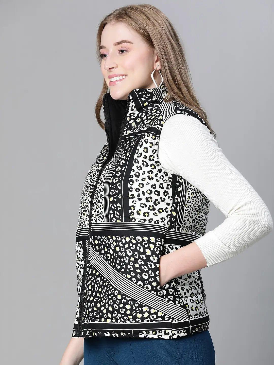 women-black-animal-print-zip-lined-sleeveless-reversible-jacket