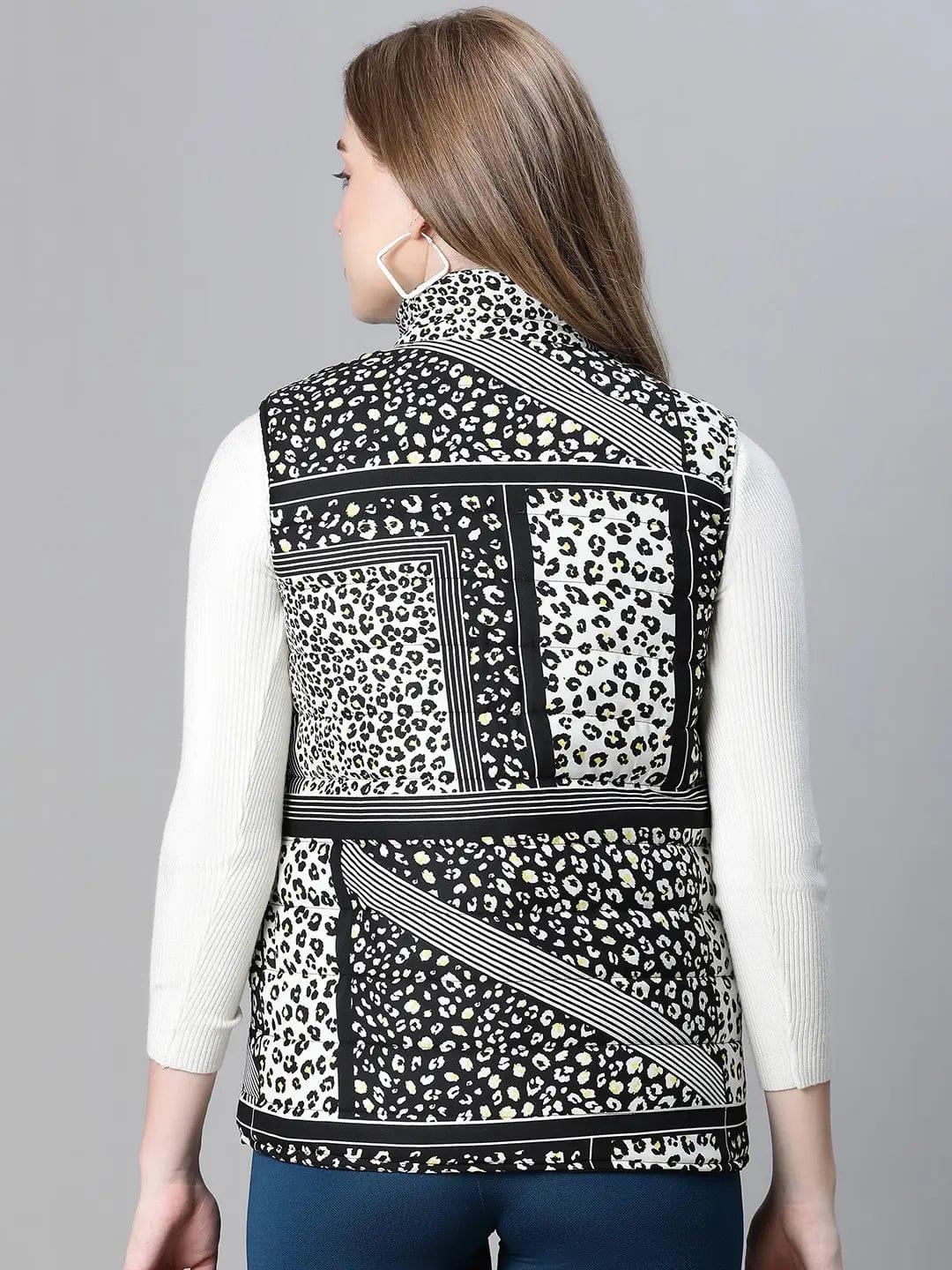 women-black-animal-print-zip-lined-sleeveless-reversible-jacket