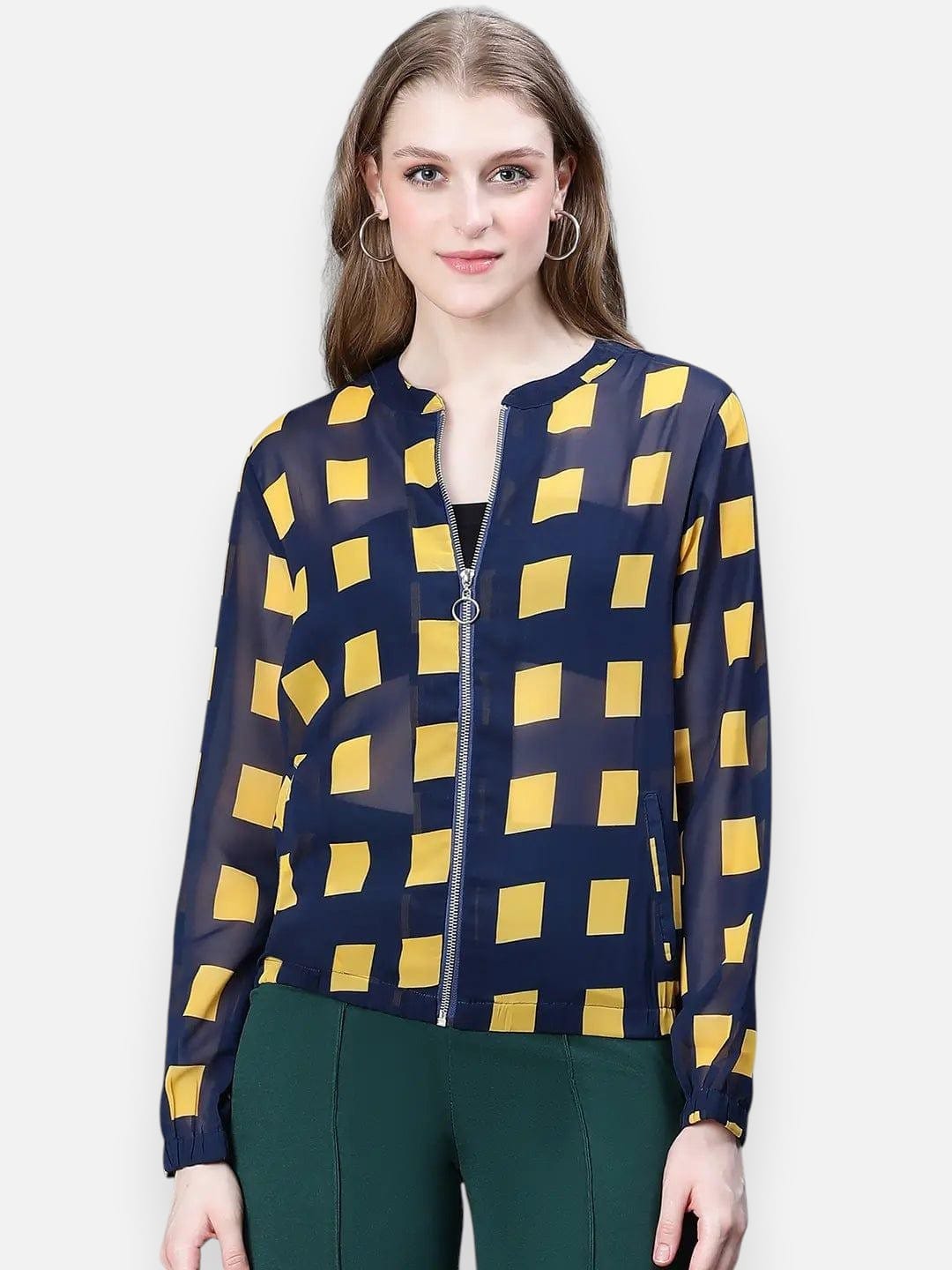 Women's Blue Check Print Jacket