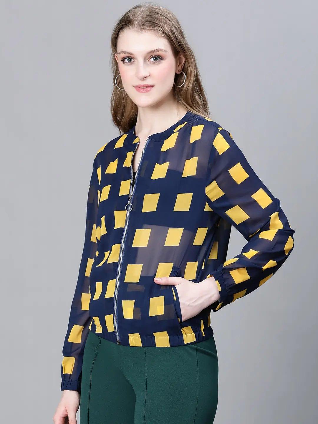 Women's Blue Check Print Jacket