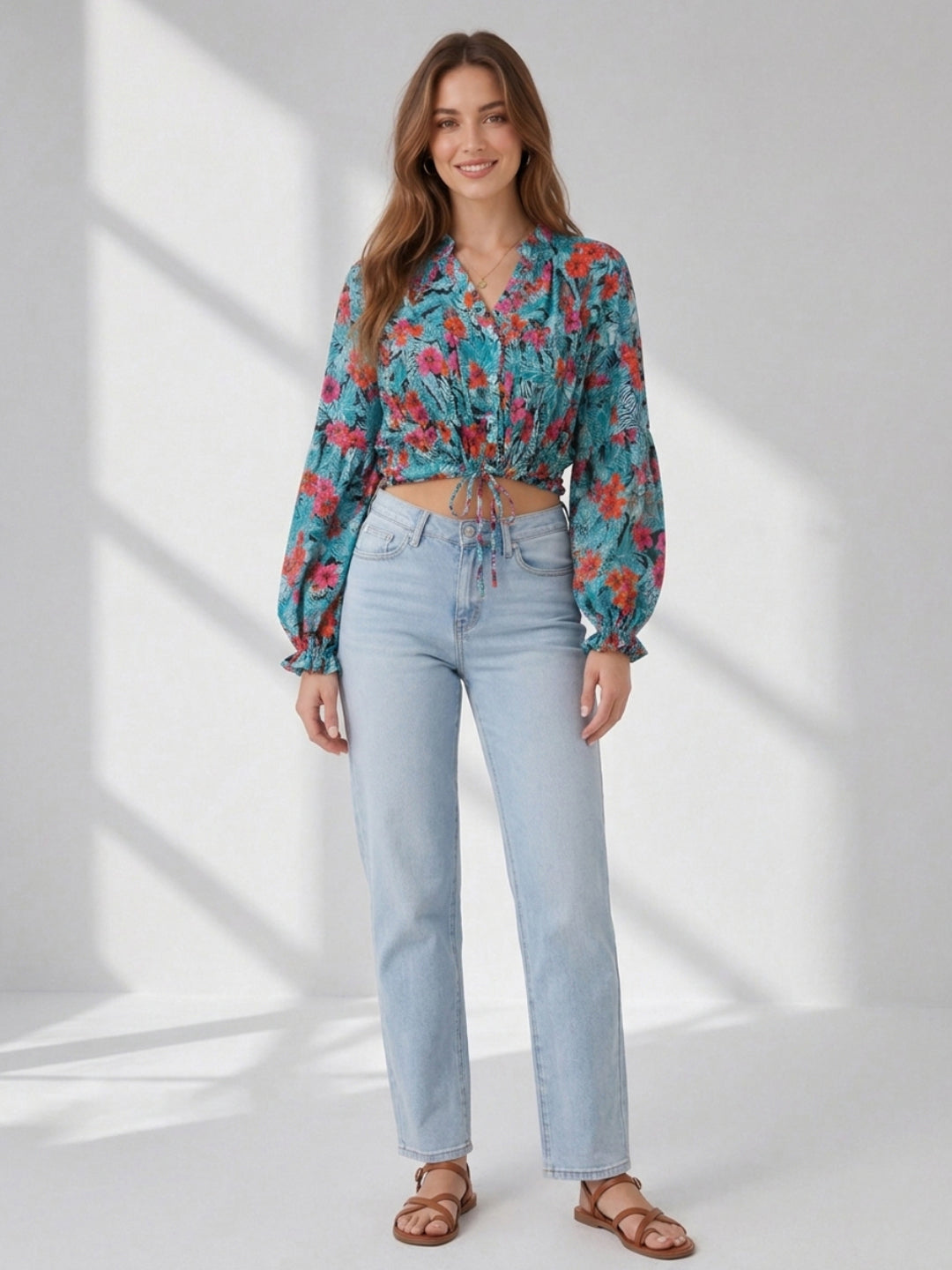 Floral print tie-front crop top with long sleeves, paired with light wash jeans and sandals for women's fashion