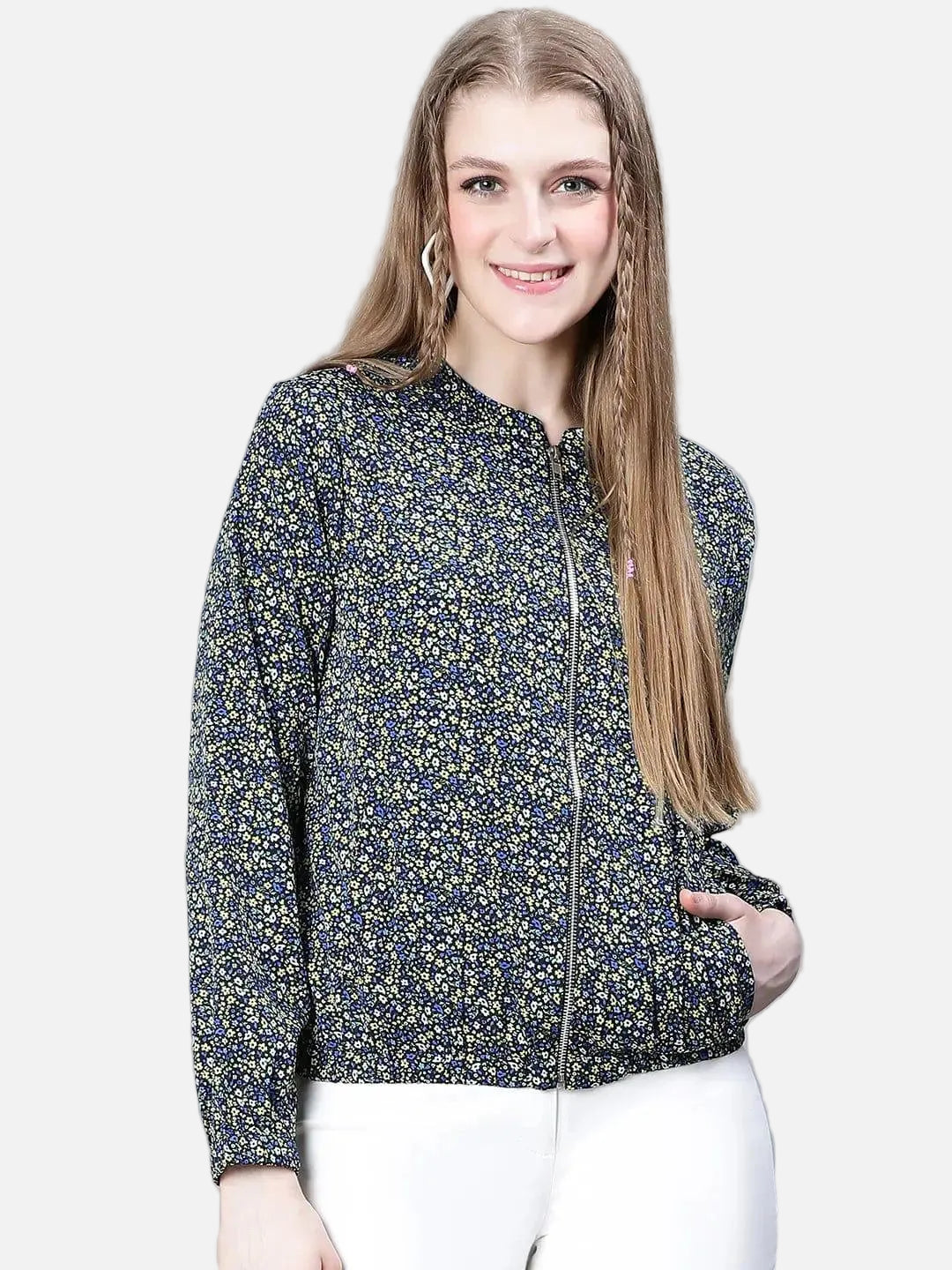 Women Green Floral Print Bomber Jacket