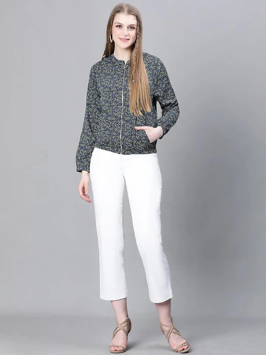 Women Green Floral Print Bomber Jacket