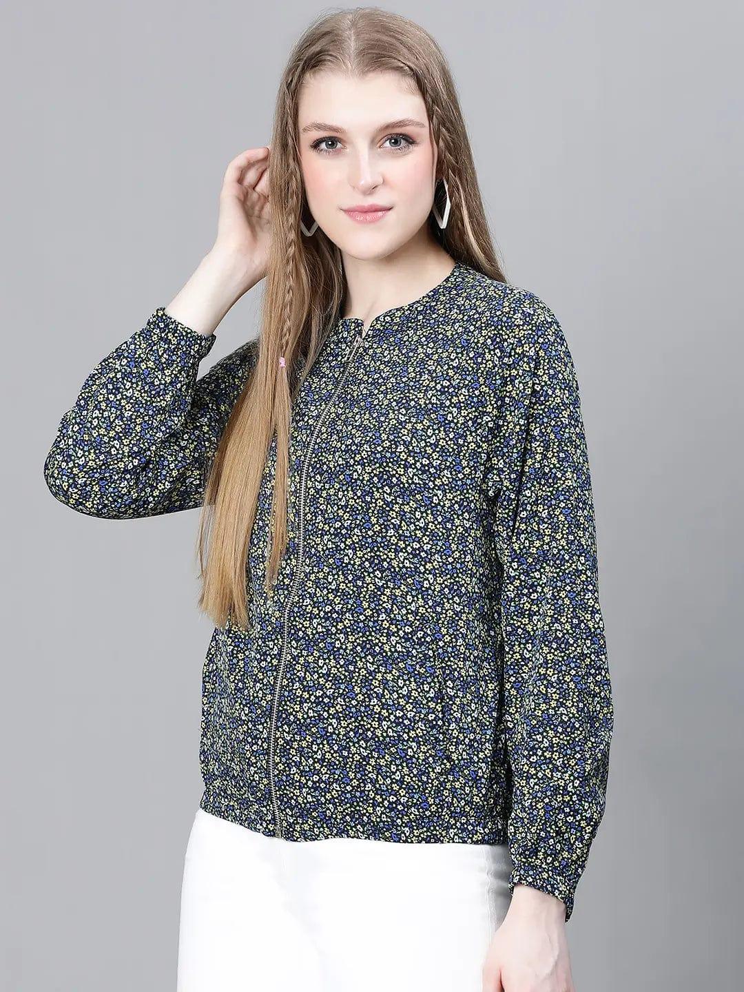 Women Green Floral Print Bomber Jacket