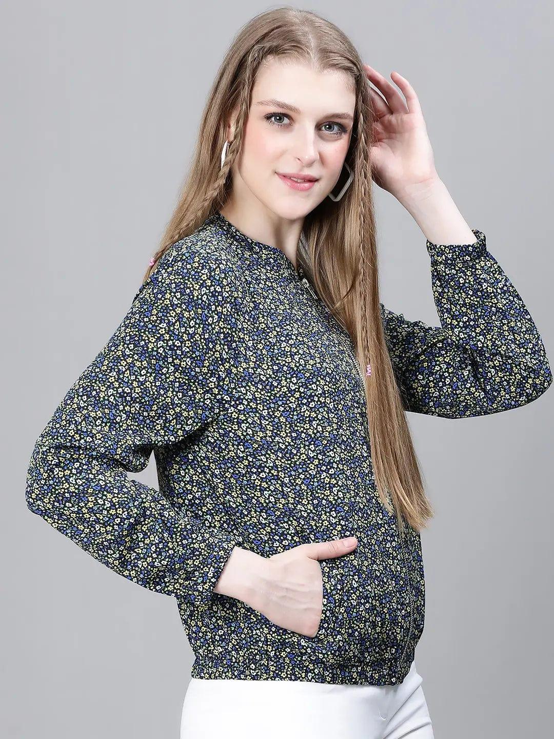 Women Green Floral Print Bomber Jacket