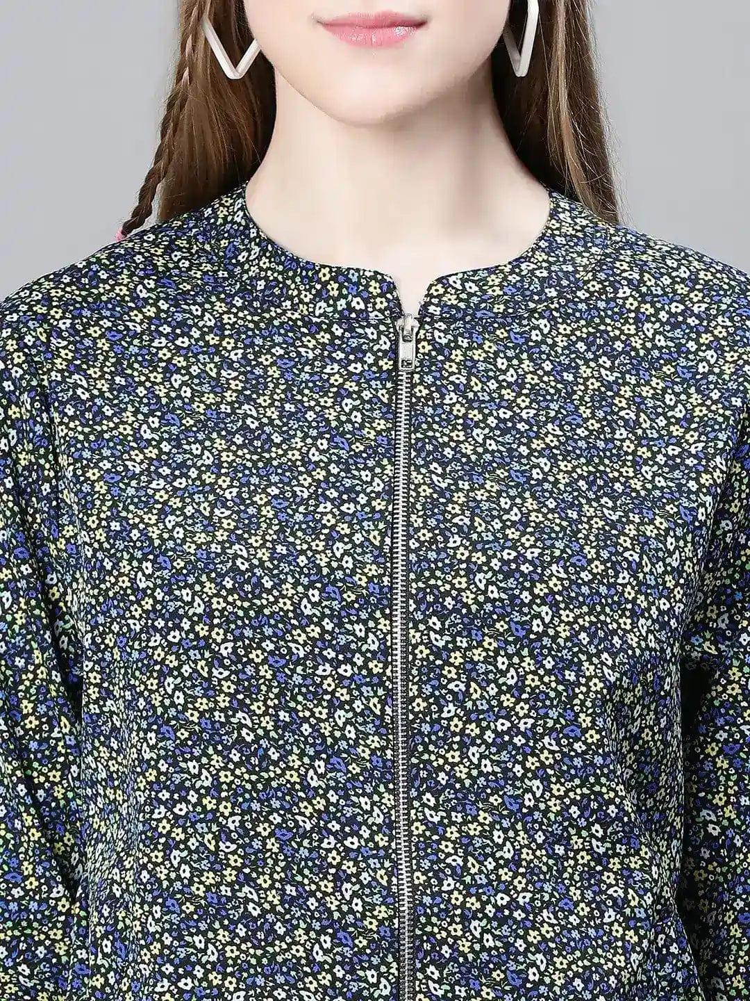 Women Green Floral Print Bomber Jacket