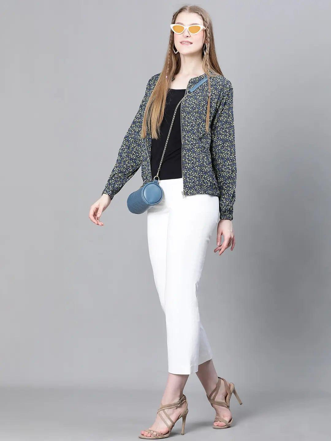 Women Green Floral Print Bomber Jacket