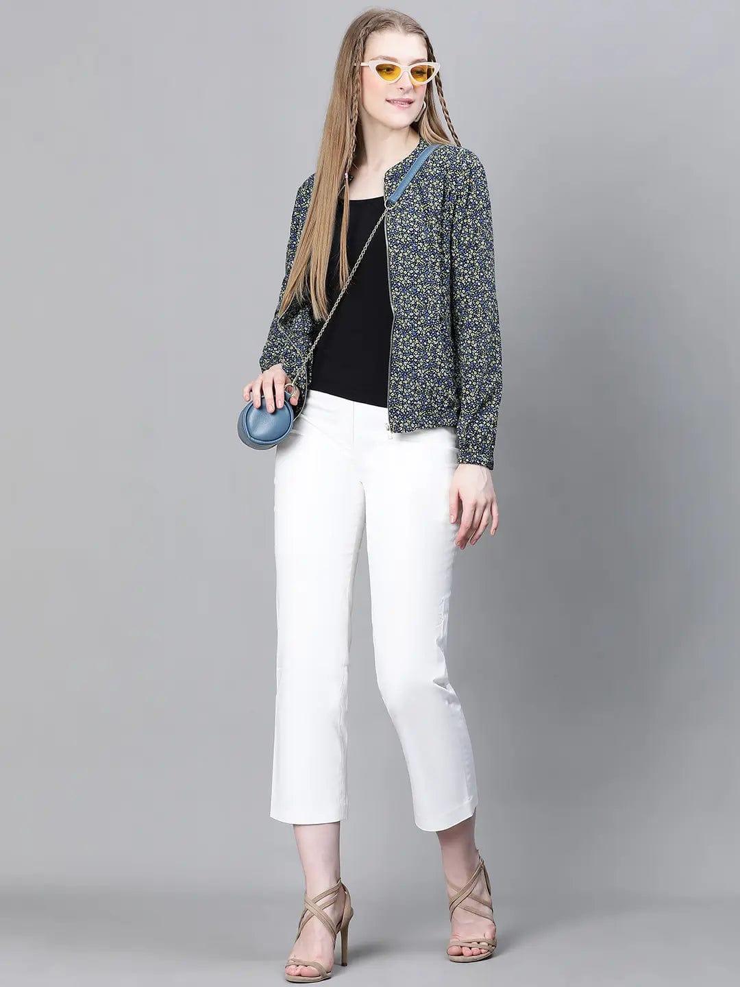 Women Green Floral Print Bomber Jacket
