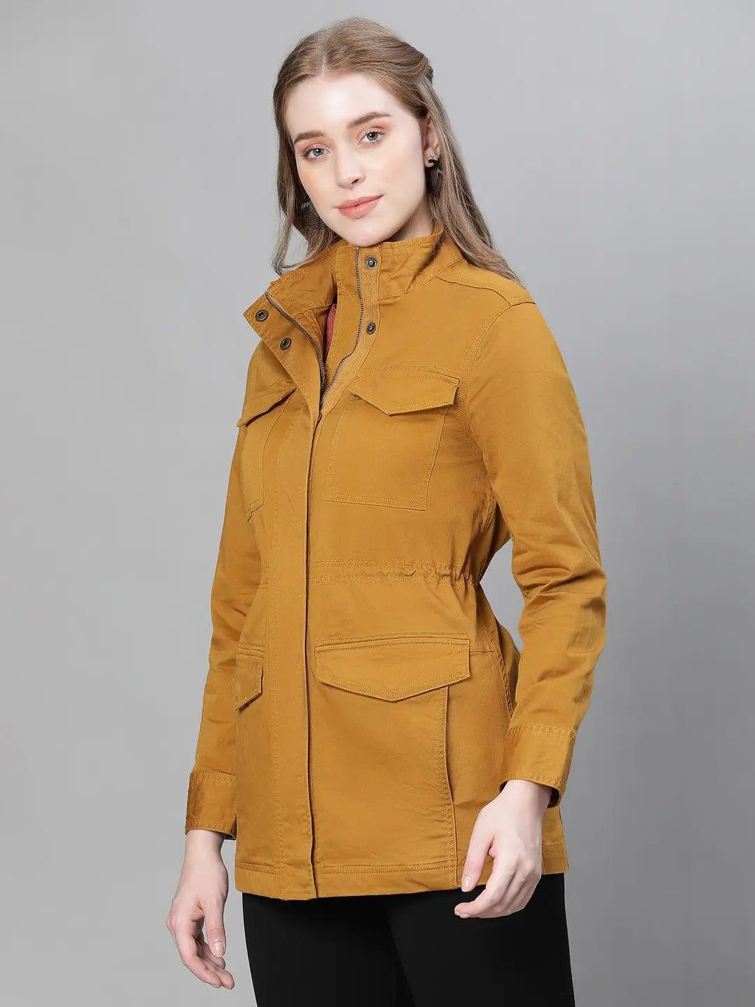 Jovial Mustard Collared Snap Buttoned Long Sleeve Winter Wear Cotton Jacket - oxolloxo