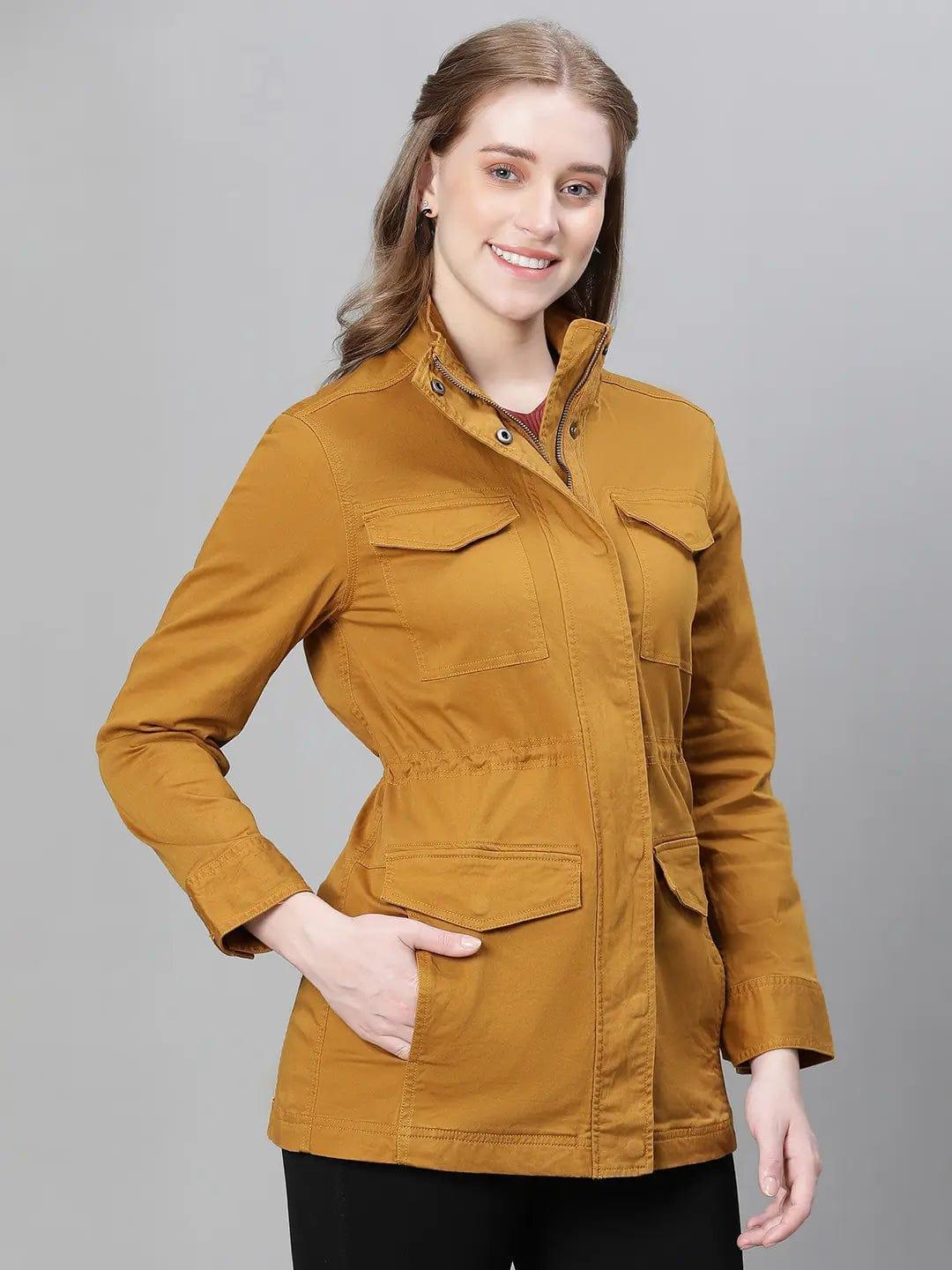 Jovial Mustard Collared Snap Buttoned Long Sleeve Winter Wear Cotton Jacket - oxolloxo